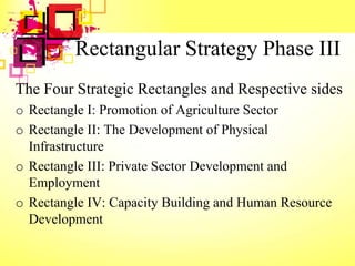 Rectangular Strategy Phase III
The Four Strategic Rectangles and Respective sides
o Rectangle I: Promotion of Agriculture Sector
o Rectangle II: The Development of Physical
Infrastructure
o Rectangle III: Private Sector Development and
Employment
o Rectangle IV: Capacity Building and Human Resource
Development
 