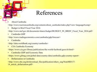 References
• About Cambodia
<http://www.tourismcambodia.org/contents/about_cambodia/index.php?view=language#comp>
• Budget in Brief Fiscal Year 2016
<http://www.mef.gov.kh/documents/shares/budget/BUDGET_IN_BRIEF_Fiscal_Year_2016.pdf>
• Cambodia GDP
<http://www.tradingeconomics.com/cambodia/gdp/forecast>
• Cambodia
<http://data.worldbank.org/country/cambodia>
• CIA Cambodia Economy
<https://www.cia.gov/library/publications/the-world-factbook/geos/cb.html>
• Cambodia GDP and Economic Data
<https://www.gfmag.com/global-data/country-data/cambodia-gdp-country-report>
• Dollarization in Cambodia
<http://www.nbc.org.kh/download_files/publication/others_eng/NoteMD117-
14_article_dollarization.pdf>
 