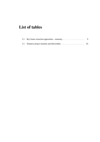 List of tables
2.1 Key frame extraction approaches - summary . . . . . . . . . . . . . . 9
3.1 Tentative project timeline and deliverables . . . . . . . . . . . . . . . 24
 
