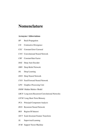 Nomenclature
Acronyms / Abbreviations
BP Back-Propagation
CD Contrastive Divergence
CEC Constant Error Carousal
CNN Convolutional Neural Network
CRF Constant Rate Factor
DAE Deep Auto Encoder
DBN Deep Belief Network
DL Deep Learning
DNN Deep Neural Network
FNN Feed Forward Neural Network
GPU Graphics Processing Unit
HMM Hidden Markov Model
LRCN Long-term Recurrent Convolutional Networks
LSTM Long Short Term Memory
PCA Principal Component Analysis
RNN Recurrent Neural Network
ROI Region Of Interest
SIFT Scale-Invariant Feature Transform
SL Supervised Learning
SVM Support Vector Machine
 
