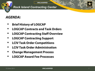 UNCLASSIFIED
Rock Island Contracting Center
UNCLASSIFIED
AGENDA:
15 June 2011 UNCLASSIFIED 1
 Brief History of LOGCAP
 LOGCAP Contracts and Task Orders
 LOGCAP Contracting Staff Overview
 LOGCAP Contracting Support
 LCIV Task Order Competitions
 LCIV Task Order Administration
 Change Management Process
 LOGCAP Award Fee Processes
 