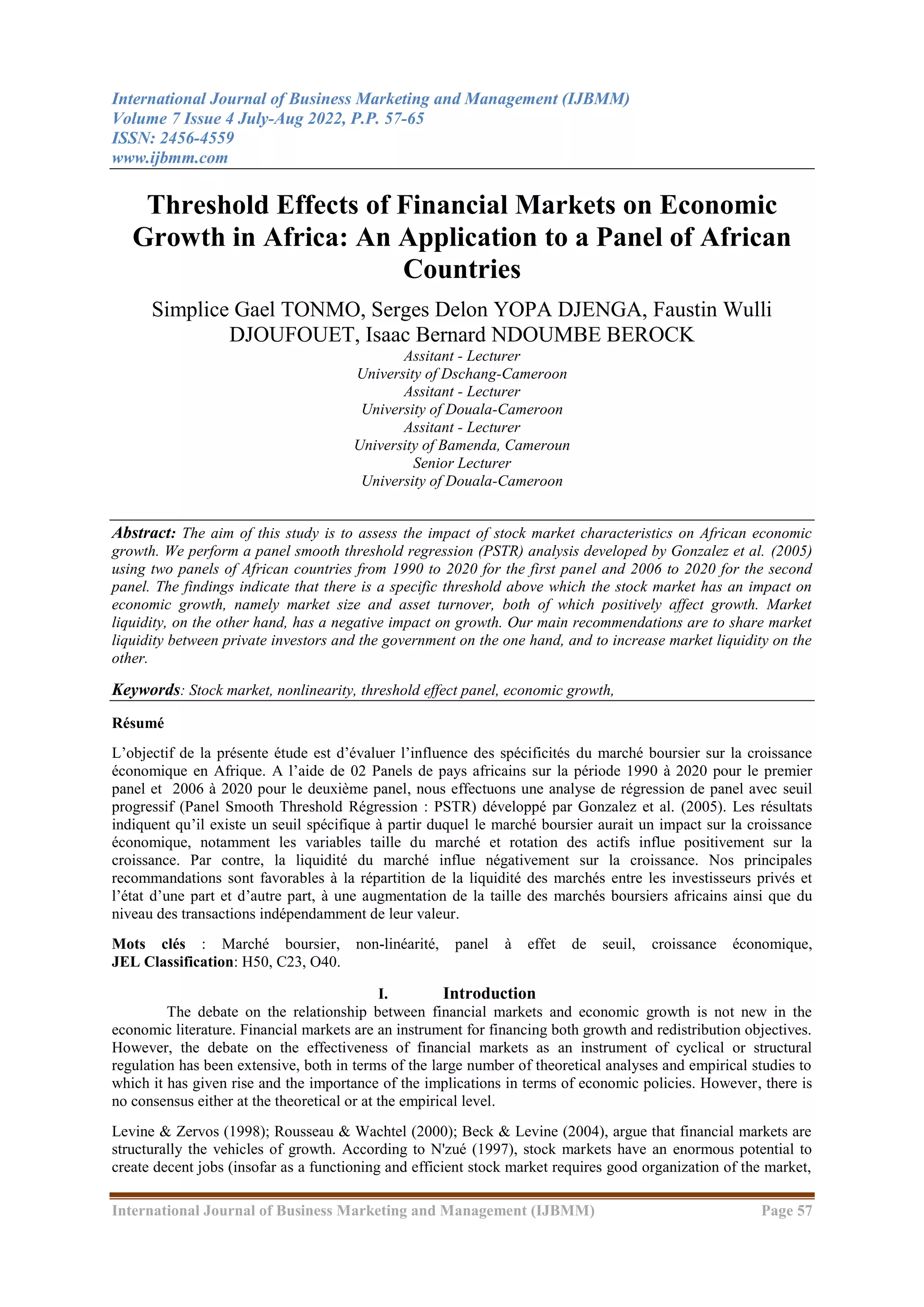 Threshold Effects of Financial Markets on Economic Growth in Africa An