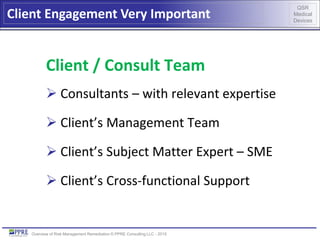 QSR
Medical
Devices
Overview of Risk Management Remediation © PPRE Consulting LLC - 2015
Client / Consult Team
 Consultants – with relevant expertise
 Client’s Management Team
 Client’s Subject Matter Expert – SME
 Client’s Cross-functional Support
Client Engagement Very Important
 