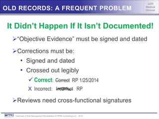 QSR
Medical
Devices
Overview of Risk Management Remediation © PPRE Consulting LLC - 2015
OLD RECORDS: A FREQUENT PROBLEM
“Objective Evidence” must be signed and dated
Corrections must be:
• Signed and dated
• Crossed out legibly
 Correct: Correct RP 1/25/2014
X Incorrect: Incorrect RP
Reviews need cross-functional signatures
It Didn’t Happen If It Isn’t Documented!
 