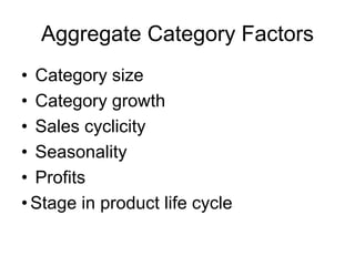 Aggregate Category Factors
• Category size
• Category growth
• Sales cyclicity
• Seasonality
• Profits
• Stage in product life cycle