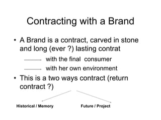 Contracting with a Brand
• A Brand is a contract, carved in stone
and long (ever ?) lasting contrat
with the final consumer
with her own environment
• This is a two ways contract (return
contract ?)
Historical / Memory Future / Project
