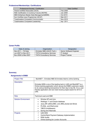 Professional Memberships / Certifications 
Oracle Certified Associates (OCA) Feb 2008 
NSE Certification in Currency Futures (NCFM) Jan 2009 
IBM InfoSphere Master Data Management(MDM) Oct 2010 
Sun Certified Java Programmer (SCJP) Mar 2011 
Toastmasters Competent Communicator Nov 2010 
Toastmasters Competent Leadership Apr 2011 
Career Profile 
Professional Society / Certification Date Certified 
Date of Joining Organization Designation 
Dec-2011 – Till Date Emirates NBD (GAVS Tech.) Senior Software Engineer 
Jun-2007 to Dec-2011 TATA Consultancy Services IT Analyst 
Nov-2006 to Mar-2007 TATA Consultancy Services Project Trainee 
Summary 
Assignments in ENBD 
Project Title BankNET – Emirates NBD & Emirates Islamic online banking 
Description 
Emirates NDB is one of the leading bank in UAE and BankNET is a 
Online banking application which serves the ENBD customers needs 
to do various banking transactions for their day to day life. It is a user 
friendly application and won best revamp project award for 2013 in 
UAE. 
Role Technical Lead and SME 
Solution Environment · Window XP and Unix 
· Weblogic 11 and Oracle database 
· Java,JSP,J2EE(JDBC, and JMS),Jscript and Struts 
· PL/SQL, and Shell script 
· TIBCO (middleware) 
· Spring and Hibernate 
Projects  UAE DDS 
 Central Bank Payment Gateway implementation 
 RISK Audits 
 Online banking for London Accounts 
 