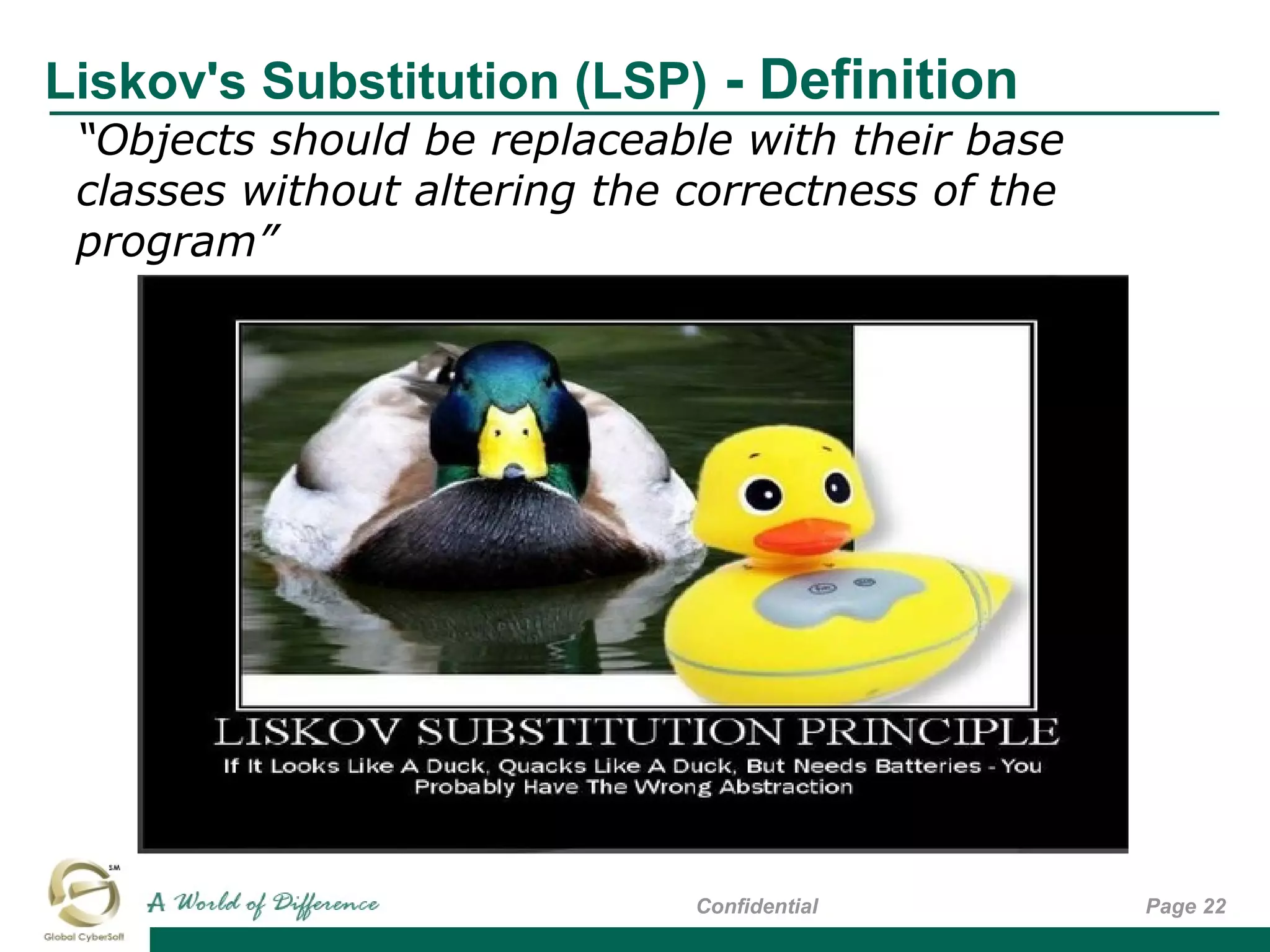 Liskov's Substitution (LSP) - Definition
Page 22Confidential
“Objects should be replaceable with their base
classes without altering the correctness of the
program”
 
