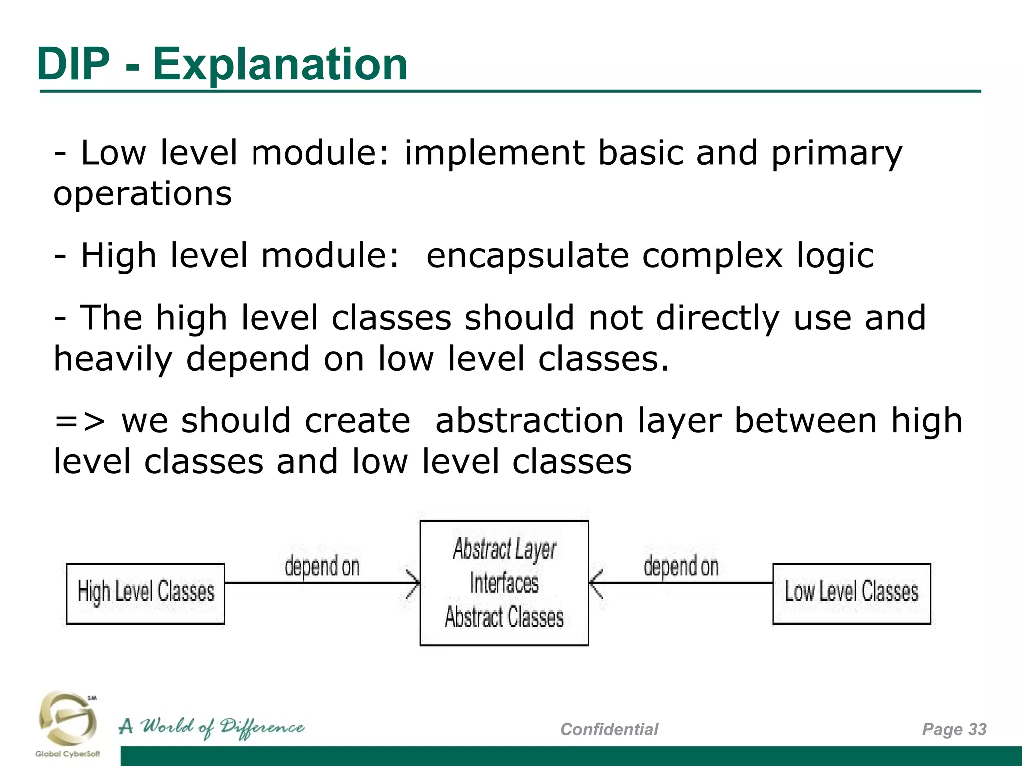 DIP - Explanation
Page 33Confidential
- Low level module: implement basic and primary
operations
- High level module: encapsulate complex logic
- The high level classes should not directly use and
heavily depend on low level classes.
=> we should create abstraction layer between high
level classes and low level classes
 