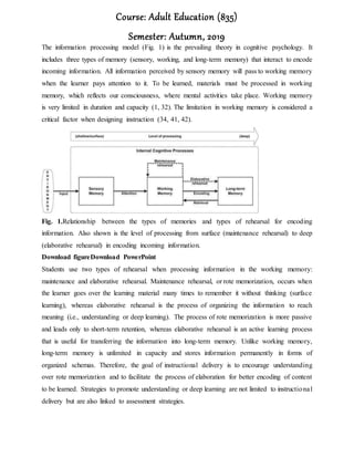 Course: Adult Education (835)
Semester: Autumn, 2019
The information processing model (Fig. 1) is the prevailing theory in cognitive psychology. It
includes three types of memory (sensory, working, and long-term memory) that interact to encode
incoming information. All information perceived by sensory memory will pass to working memory
when the learner pays attention to it. To be learned, materials must be processed in working
memory, which reflects our consciousness, where mental activities take place. Working memory
is very limited in duration and capacity (1, 32). The limitation in working memory is considered a
critical factor when designing instruction (34, 41, 42).
Fig. 1.Relationship between the types of memories and types of rehearsal for encoding
information. Also shown is the level of processing from surface (maintenance rehearsal) to deep
(elaborative rehearsal) in encoding incoming information.
Download figureDownload PowerPoint
Students use two types of rehearsal when processing information in the working memory:
maintenance and elaborative rehearsal. Maintenance rehearsal, or rote memorization, occurs when
the learner goes over the learning material many times to remember it without thinking (surface
learning), whereas elaborative rehearsal is the process of organizing the information to reach
meaning (i.e., understanding or deep learning). The process of rote memorization is more passive
and leads only to short-term retention, whereas elaborative rehearsal is an active learning process
that is useful for transferring the information into long-term memory. Unlike working memory,
long-term memory is unlimited in capacity and stores information permanently in forms of
organized schemas. Therefore, the goal of instructional delivery is to encourage understanding
over rote memorization and to facilitate the process of elaboration for better encoding of content
to be learned. Strategies to promote understanding or deep learning are not limited to instructional
delivery but are also linked to assessment strategies.
 