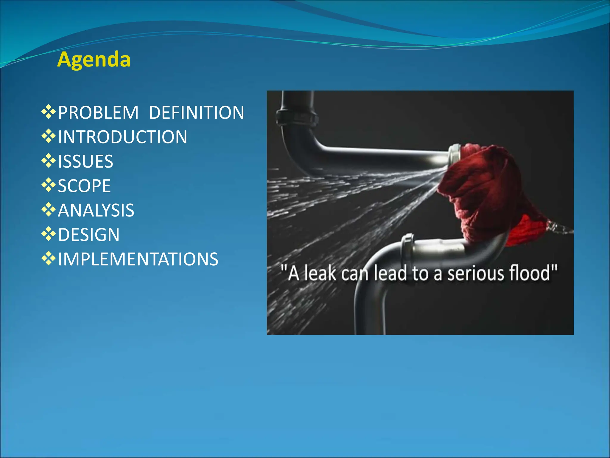 Agenda
PROBLEM DEFINITION
INTRODUCTION
ISSUES
SCOPE
ANALYSIS
DESIGN
IMPLEMENTATIONS
 