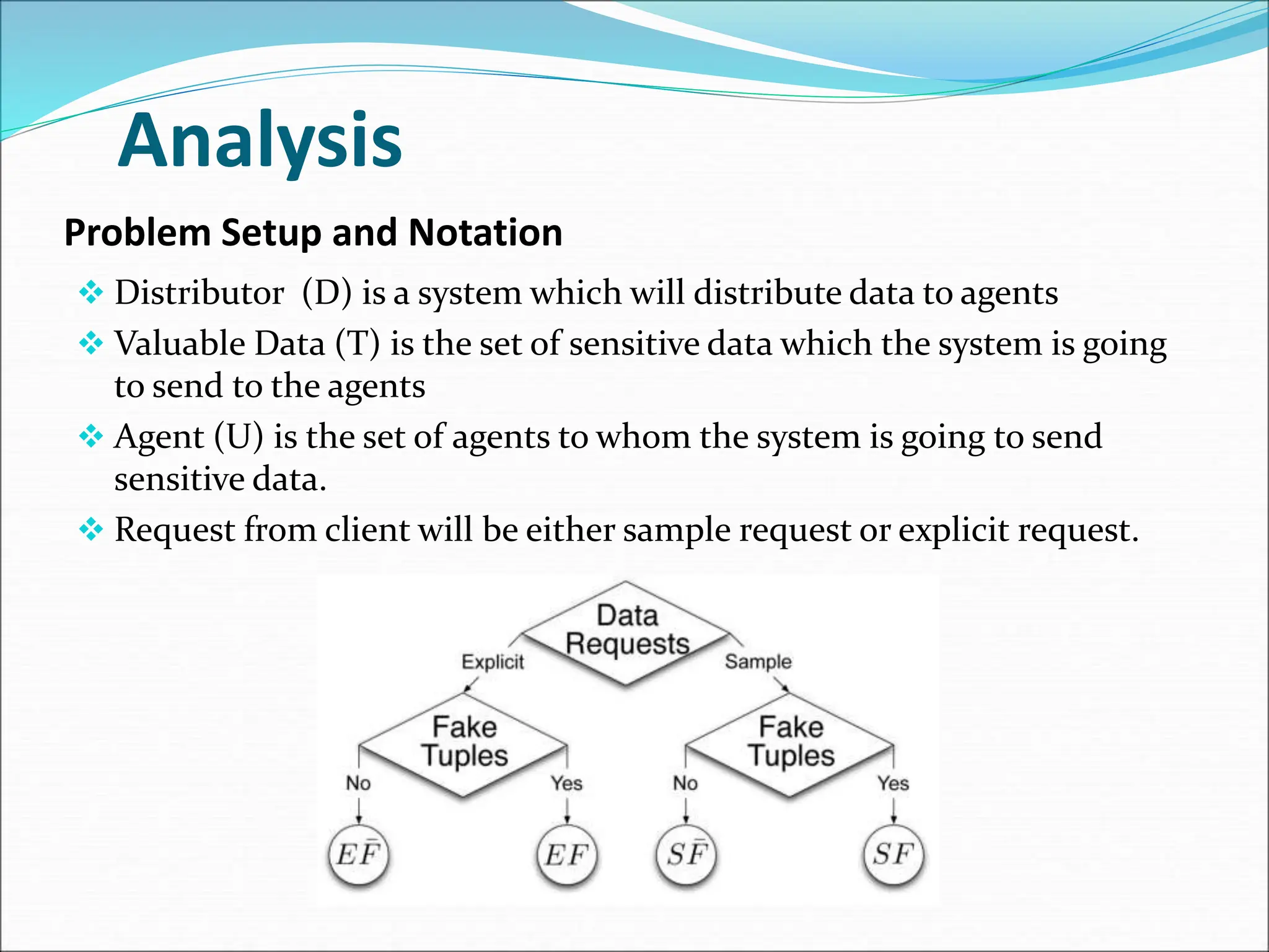 Problem Setup and Notation
 Distributor (D) is a system which will distribute data to agents
 Valuable Data (T) is the set of sensitive data which the system is going
to send to the agents
 Agent (U) is the set of agents to whom the system is going to send
sensitive data.
 Request from client will be either sample request or explicit request.
Analysis
 