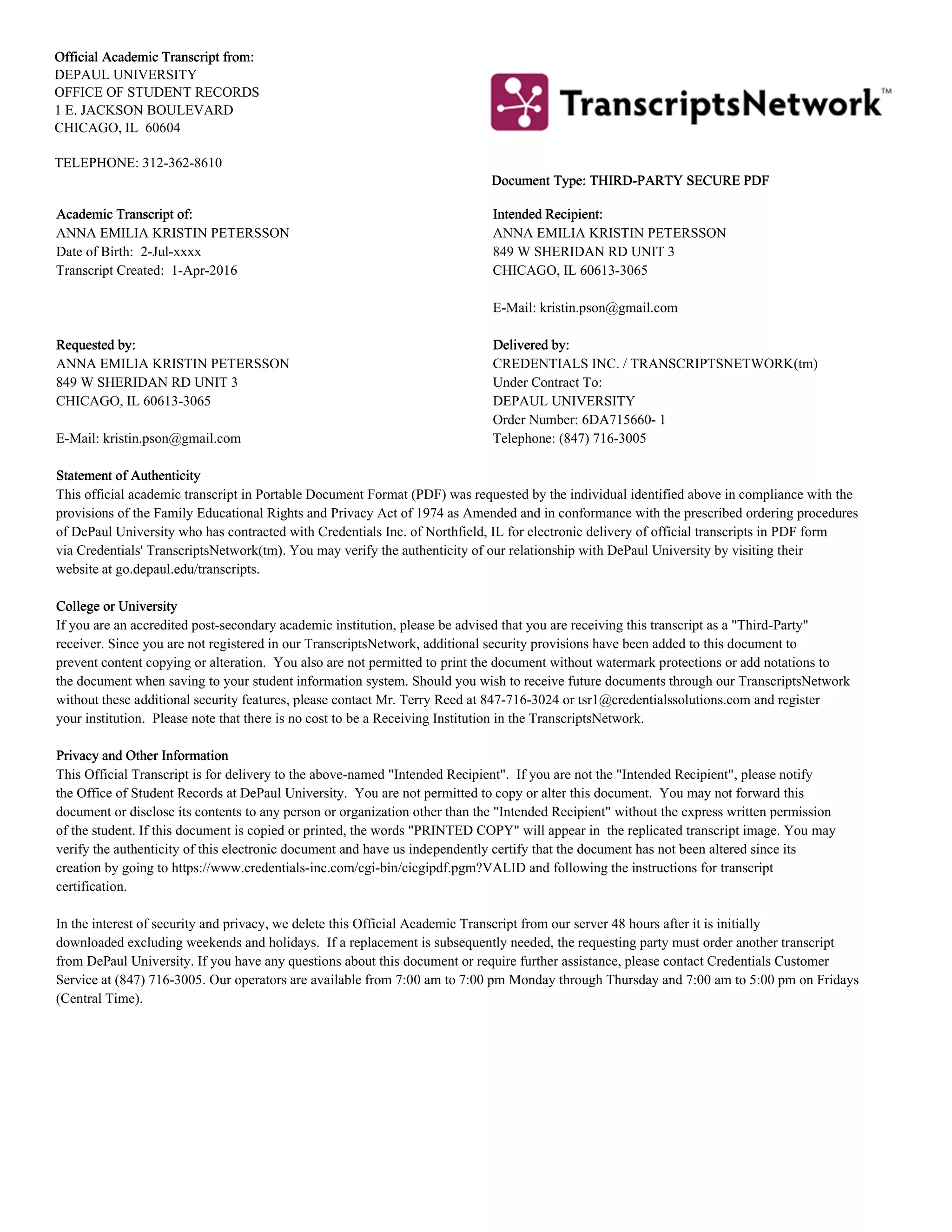 Official Transcript DePaul University | PDF