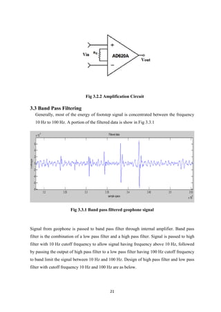 21
Fig 3.2.2 Amplification Circuit
3.3 Band Pass Filtering
Generally, most of the energy of footstep signal is concentrated between the frequency
10 Hz to 100 Hz. A portion of the filtered data is show in Fig 3.3.1
Fig 3.3.1 Band pass filtered geophone signal
Signal from geophone is passed to band pass filter through internal amplifier. Band pass
filter is the combination of a low pass filter and a high pass filter. Signal is passed to high
filter with 10 Hz cutoff frequency to allow signal having frequency above 10 Hz, followed
by passing the output of high pass filter to a low pass filter having 100 Hz cutoff frequency
to band limit the signal between 10 Hz and 100 Hz. Design of high pass filter and low pass
filter with cutoff frequency 10 Hz and 100 Hz are as below.
 