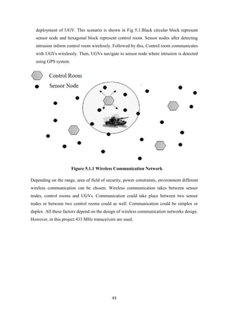 43
deployment of UGV. This scenario is shown in Fig 5.1.Black circular block represent
sensor node and hexagonal block represent control room. Sensor nodes after detecting
intrusion inform control room wirelessly. Followed by this, Control room communicates
with UGVs wirelessly. Then, UGVs navigate to sensor node where intrusion is detected
using GPS system.
Figure 5.1.1 Wireless Communication Network
Depending on the range, area of field of security, power constraints, environment different
wireless communication can be chosen. Wireless communication takes between sensor
nodes, control rooms and UGVs. Communication could take place between two sensor
nodes or between two control rooms could as well. Communication could be simplex or
duplex. All these factors depend on the design of wireless communication networks design.
However, in this project 433 MHz transceivers are used.
 