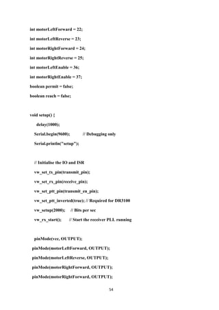54
int motorLeftForward = 22;
int motorLeftReverse = 23;
int motorRightForward = 24;
int motorRightReverse = 25;
int motorLeftEnable = 36;
int motorRightEnable = 37;
boolean permit = false;
boolean reach = false;
void setup() {
delay(1000);
Serial.begin(9600); // Debugging only
Serial.println("setup");
// Initialise the IO and ISR
vw_set_tx_pin(transmit_pin);
vw_set_rx_pin(receive_pin);
vw_set_ptt_pin(transmit_en_pin);
vw_set_ptt_inverted(true); // Required for DR3100
vw_setup(2000); // Bits per sec
vw_rx_start(); // Start the receiver PLL running
pinMode(vcc, OUTPUT);
pinMode(motorLeftForward, OUTPUT);
pinMode(motorLeftReverse, OUTPUT);
pinMode(motorRightForward, OUTPUT);
pinMode(motorRightForward, OUTPUT);
 
