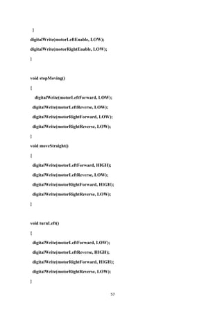 57
}
digitalWrite(motorLeftEnable, LOW);
digitalWrite(motorRightEnable, LOW);
}
void stopMoving()
{
digitalWrite(motorLeftForward, LOW);
digitalWrite(motorLeftReverse, LOW);
digitalWrite(motorRightForward, LOW);
digitalWrite(motorRightReverse, LOW);
}
void moveStraight()
{
digitalWrite(motorLeftForward, HIGH);
digitalWrite(motorLeftReverse, LOW);
digitalWrite(motorRightForward, HIGH);
digitalWrite(motorRightReverse, LOW);
}
void turnLeft()
{
digitalWrite(motorLeftForward, LOW);
digitalWrite(motorLeftReverse, HIGH);
digitalWrite(motorRightForward, HIGH);
digitalWrite(motorRightReverse, LOW);
}
 