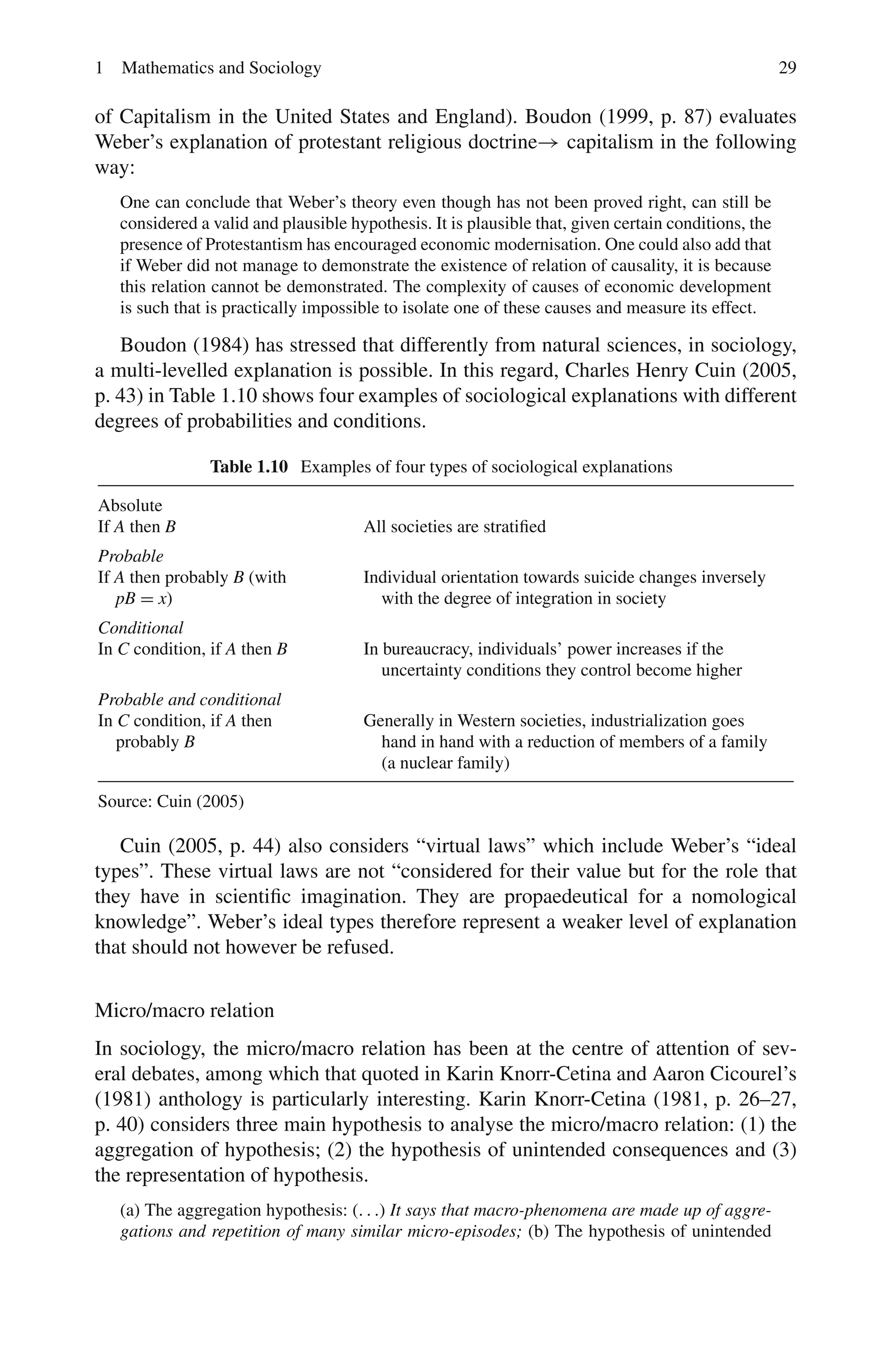 1 Mathematics and Sociology 29
of Capitalism in the United States and England). Boudon (1999, p. 87) evaluates
Weber’s explanation of protestant religious doctrine→ capitalism in the following
way:
One can conclude that Weber’s theory even though has not been proved right, can still be
considered a valid and plausible hypothesis. It is plausible that, given certain conditions, the
presence of Protestantism has encouraged economic modernisation. One could also add that
if Weber did not manage to demonstrate the existence of relation of causality, it is because
this relation cannot be demonstrated. The complexity of causes of economic development
is such that is practically impossible to isolate one of these causes and measure its effect.
Boudon (1984) has stressed that differently from natural sciences, in sociology,
a multi-levelled explanation is possible. In this regard, Charles Henry Cuin (2005,
p. 43) in Table 1.10 shows four examples of sociological explanations with different
degrees of probabilities and conditions.
Table 1.10 Examples of four types of sociological explanations
Absolute
If A then B All societies are stratified
Probable
If A then probably B (with
pB = x)
Individual orientation towards suicide changes inversely
with the degree of integration in society
Conditional
In C condition, if A then B In bureaucracy, individuals’ power increases if the
uncertainty conditions they control become higher
Probable and conditional
In C condition, if A then
probably B
Generally in Western societies, industrialization goes
hand in hand with a reduction of members of a family
(a nuclear family)
Source: Cuin (2005)
Cuin (2005, p. 44) also considers “virtual laws” which include Weber’s “ideal
types”. These virtual laws are not “considered for their value but for the role that
they have in scientific imagination. They are propaedeutical for a nomological
knowledge”. Weber’s ideal types therefore represent a weaker level of explanation
that should not however be refused.
Micro/macro relation
In sociology, the micro/macro relation has been at the centre of attention of sev-
eral debates, among which that quoted in Karin Knorr-Cetina and Aaron Cicourel’s
(1981) anthology is particularly interesting. Karin Knorr-Cetina (1981, p. 26–27,
p. 40) considers three main hypothesis to analyse the micro/macro relation: (1) the
aggregation of hypothesis; (2) the hypothesis of unintended consequences and (3)
the representation of hypothesis.
(a) The aggregation hypothesis: (. . .) It says that macro-phenomena are made up of aggre-
gations and repetition of many similar micro-episodes; (b) The hypothesis of unintended
 