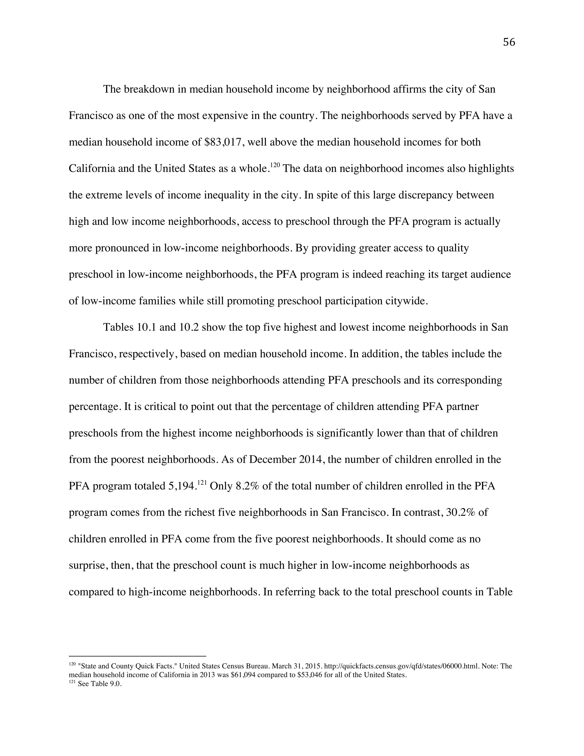 ! &'!
The breakdown in median household income by neighborhood affirms the city of San
Francisco as one of the most expensive in the country. The neighborhoods served by PFA have a
median household income of $83,017, well above the median household incomes for both
California and the United States as a whole.120
The data on neighborhood incomes also highlights
the extreme levels of income inequality in the city. In spite of this large discrepancy between
high and low income neighborhoods, access to preschool through the PFA program is actually
more pronounced in low-income neighborhoods. By providing greater access to quality
preschool in low-income neighborhoods, the PFA program is indeed reaching its target audience
of low-income families while still promoting preschool participation citywide.
Tables 10.1 and 10.2 show the top five highest and lowest income neighborhoods in San
Francisco, respectively, based on median household income. In addition, the tables include the
number of children from those neighborhoods attending PFA preschools and its corresponding
percentage. It is critical to point out that the percentage of children attending PFA partner
preschools from the highest income neighborhoods is significantly lower than that of children
from the poorest neighborhoods. As of December 2014, the number of children enrolled in the
PFA program totaled 5,194.121
Only 8.2% of the total number of children enrolled in the PFA
program comes from the richest five neighborhoods in San Francisco. In contrast, 30.2% of
children enrolled in PFA come from the five poorest neighborhoods. It should come as no
surprise, then, that the preschool count is much higher in low-income neighborhoods as
compared to high-income neighborhoods. In referring back to the total preschool counts in Table
!!!!!!!!!!!!!!!!!!!!!!!!!!!!!!!!!!!!!!!!!!!!!!!!!!!!!!!!
120
"State and County Quick Facts." United States Census Bureau. March 31, 2015. http://quickfacts.census.gov/qfd/states/06000.html. Note: The
median household income of California in 2013 was $61,094 compared to $53,046 for all of the United States.
121
See Table 9.0.
 
