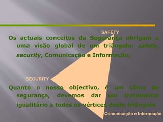 SAFETY
Os actuais conceitos da Segurança obrigam a
uma visão global de um triângulo: safety,
security, Comunicação e Informação;
SECURITY
Quanto o nosso objectivo, é um clima de
segurança, devemos dar um tratamento
igualitário a todos os vértices deste triângulo
Comunicação e Informação
 