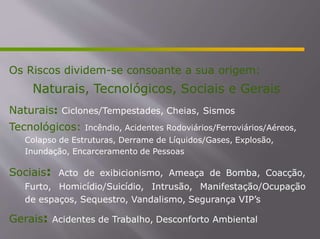 Os Riscos dividem-se consoante a sua origem:
Naturais, Tecnológicos, Sociais e Gerais
Naturais: Ciclones/Tempestades, Cheias, Sismos
Tecnológicos: Incêndio, Acidentes Rodoviários/Ferroviários/Aéreos,
Colapso de Estruturas, Derrame de Líquidos/Gases, Explosão,
Inundação, Encarceramento de Pessoas
Acto de exibicionismo, Ameaça de Bomba, Coacção,
Sociais:
Furto, Homicídio/Suicídio, Intrusão, Manifestação/Ocupação
de espaços, Sequestro, Vandalismo, Segurança VIP’s
Gerais: Acidentes de Trabalho, Desconforto Ambiental
 