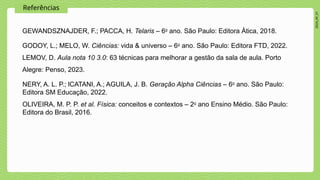 2024_AF_V1
Referências
GEWANDSZNAJDER, F.; PACCA, H. Telaris – 6o
ano. São Paulo: Editora Ática, 2018.
GODOY, L.; MELO, W. Ciências: vida & universo – 6o
ano. São Paulo: Editora FTD, 2022.
LEMOV, D. Aula nota 10 3.0: 63 técnicas para melhorar a gestão da sala de aula. Porto
Alegre: Penso, 2023.
NERY, A. L. P.; lCATANI, A.; AGUILA, J. B. Geração Alpha Ciências – 6o
ano. São Paulo:
Editora SM Educação, 2022.
OLIVEIRA, M. P. P. et al. Física: conceitos e contextos – 2o
ano Ensino Médio. São Paulo:
Editora do Brasil, 2016.
 
