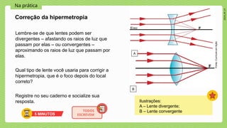 2024_AF_V1
Na prática
Lembre-se de que lentes podem ser
divergentes – afastando os raios de luz que
passam por elas – ou convergentes –
aproximando os raios de luz que passam por
elas.
Qual tipo de lente você usaria para corrigir a
hipermetropia, que é o foco depois do local
correto?
Registre no seu caderno e socialize sua
resposta.
Correção da hipermetropia
Fonte:
Currículo
em
Ação
5 MINUTOS
TODOS
ESCREVEM
A
B
Ilustrações:
A – Lente divergente;
B – Lente convergente
 