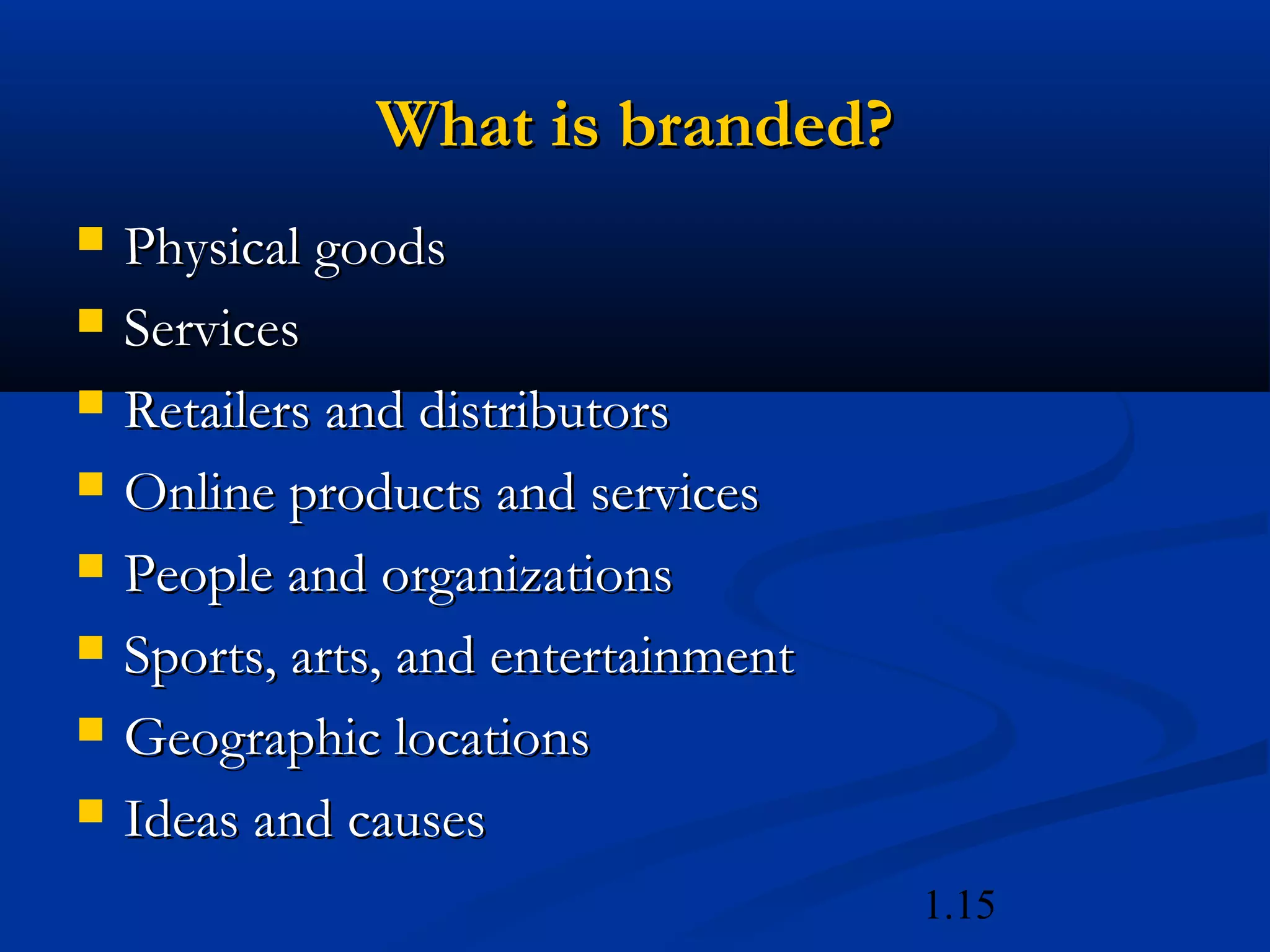 1.15
What is branded?What is branded?
 Physical goodsPhysical goods
 ServicesServices
 Retailers and distributorsRetailers and distributors
 Online products and servicesOnline products and services
 People and organizationsPeople and organizations
 Sports, arts, and entertainmentSports, arts, and entertainment
 Geographic locationsGeographic locations
 Ideas and causesIdeas and causes
 