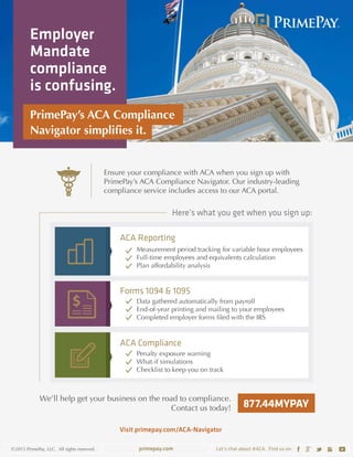 Here’s what you get when you sign up:
PrimePay’s ACA Compliance
Navigator simplifies it.
©2015 PrimePay, LLC. All rights reserved. primepay.com Let’s chat about #ACA. Find us on:
Ensure your compliance with ACA when you sign up with
PrimePay’s ACA Compliance Navigator. Our industry-leading
compliance service includes access to our ACA portal.
We’ll help get your business on the road to compliance.
Contact us today! 877.44MYPAY
Employer
Mandate
compliance
is confusing.
Visit primepay.com/ACA-Navigator
 