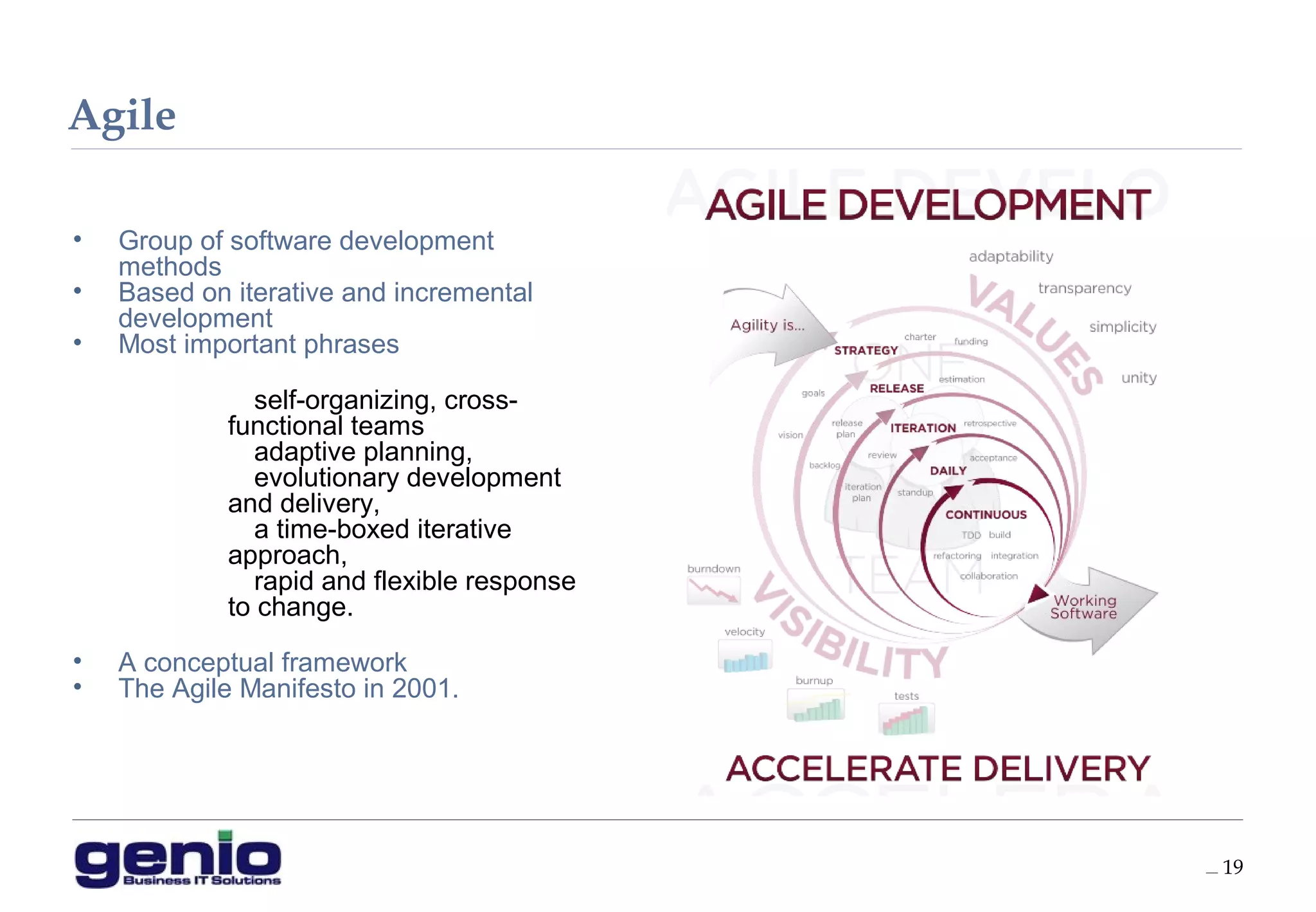 __ 19
Agile
• Group of software development
methods
• Based on iterative and incremental
development
• Most important phrases
–self-organizing, cross-
functional teams
–adaptive planning,
–evolutionary development
and delivery,
–a time-boxed iterative
approach,
–rapid and flexible response
to change.
• A conceptual framework
• The Agile Manifesto in 2001.
 