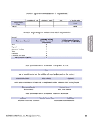 2008 EnviroSolutions, Inc. All rights reserved. 23
ConstructionWaste
ManagementPlan
Estimated types of quantities of waste to be generated:
Estimated Cu.Yds. Estimated # Loads Tons % of Total Waste
COMMINGLED C&D
WASTE
100%
TOTAL 100%
Estimated recyclable yield of the waste that is to be generated:
(Sample)
Recovered Material
Percentage ofWaste
Stream Generated
(percentage)
Total Anticipated Tonnage
to be Diverted from Landfill
Metal 8
Drywall 4
Aggregate Products 41
Wood 16
Carpeting 5
Cardboard and Paper 4
Total RecoverableWaste 78
List of specific materials that will be salvaged for re-sale:
None
List of specific materials that will be salvaged and re-used on the project:
Dimensional Lumber Metal Framing Carpeting
List of specific materials that will be salvaged and stored for reuse on a future project:
Dimensional Lumber Concrete Forms
Metal Framing Nails, bolts, and nuts
List of specific materials that cannot be reused/recycled:
Insulation Painted or Treated Wood Food Waste
Expanded polystyrene packaging Other cross-contaminated items
 
