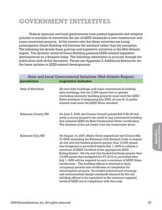2008 EnviroSolutions, Inc. All rights reserved. 37
AppendixI.
GovernmentInitiatives
GOVERNMENT INITIATIVES
Federal agencies and local governments have passed legislation and adopted
policies to mandate or incentivize the use of LEED standards in new construction and
major renovation projects. At the current rate that these initiatives are being
promulgated, Green Building will become the standard rather than the exception.
The following list details these policies and legislative initiatives in the Mid-Atlantic
region. The dynamic world of Green Building presents LEED-related legislative
developments on a frequent basis. The following information is accurate through the
publication date of this document. Please see Appendix 2, Additional Resources, for
the latest updates in LEED-related developments.
State and Local Governmental Initiatives (Mid-Atlantic Region)
Jurisdiction Legislative Initiative
State of Maryland All new state buildings, and major renovations of existing
state buildings, that are 7,500 square feet or greater
(including university building projects) must meet the LEED
Silver standard; 2) beginning July 2009, all new K-12 public
schools must meet the LEED Silver standard.
Baltimore County, MD On June 5, 2006, the County Council passed Bill # 85-06 that
gives a county property tax credit to any commercial building
that achieves LEED for New Construction Silver certification.
The duration of the tax credit is for ten consecutive years.
Baltimore City, MD On August 14, 2007, Mayor Dixon signed into law Council Bill
07-0602 amending the Baltimore City Revised Code to require
all city and city-funded projects greater than 10,000 square
feet budgeted or permitted before July 1, 2009 to achieve a
minimum of LEED Certified of the appropriate LEED
Rating System. All city and city-funded buildings greater than
10,000 square feet budgeted for FY 2010 or permitted after
July 1, 2009 will be required to earn a minimum of LEED Silver
certification. The building official is directed to deny
occupancy permits and certificates of completion for
noncompliant projects. Successful achievement of energy
and environmental design standards deemed by the city
building official to be equivalent to the minimum required
levels of LEED are in compliance with this code.
 