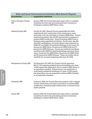 38 2008 EnviroSolutions, Inc. All rights reserved.
AppendixI.
GovernmentInitiatives
State and Local Governmental Initiatives (Mid-Atlantic Region)
Jurisdiction Legislative Initiative
Prince George’s County,
MD
January 2008, the County Executive signs order to establish
incentives for both new and existing private commercial
buildings to achieve LEED Silver rating.
Howard County, MD On July 30, 2007, Howard County passed Bill #47-2008,
requiring all civic construction (new construction, major
renovation and core and shell) to achieve LEED Silver. Private
construction greater than 50,000 squared feet is required to
achieve LEED certification. Projects seeking LEED Gold or
Platinum enjoy expedited permitting. On the same day, Bill
#49-2007 established a tax credit against taxes imposed on
LEED-NC and LEED-CS certified buildings for five years: 25
percent for LEED Silver, 50 percent for LEED Gold and 75
percent for LEED Platinum. County tax credits for buildings
certified under LEED for Existing Buildings extend for three
years: 10 percent for LEED Silver, 25 percent for LEED Gold
and 50 percent for LEED Platinum. These tax credits will be
available for tax years beginning after June 30, 2008.
Montgomery County, MD On November 28, 2006, the County Council approved
Bill #17-06 requiring publicly-financed buildings of at least
10,000 square feet gross floor area to achieve LEED Silver or
an equivalent standard. Private-sector, non-residential or
multi-family residential buildings of at least 10,000 square
feet gross floor area are required to achieve LEED Certified
or an equivalent standard.
Annapolis, MD In January 2008, the County Executive passed a bill to require
all new construction and major renovations to achieve LEED
certification, including single family homes, commercial and
public projects.
Laurel, MD January 2008, the County Executive signs order to establish
incentives for both new and existing private commercial
buildings to achieve LEED Silver rating.
 