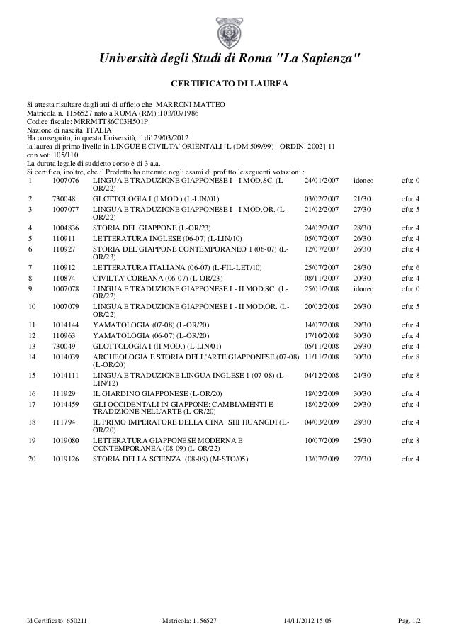 Certificato Laurea ed Esami Certificato Laurea ed Esami