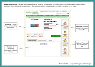 Nirali Patel | Digital Design | UX Design
Section A: Product
image, review rating,
social icons
Optional: ‘You may
also like’ for cross
sell
Section C:
secondary
information in tabbed
format.
Section B: Primary
product information,
price, offer
New PDP Wireframe: The LHN categories removed as these are not relevant to the current product and pose an easy distraction from
purchase. The remaining elements split into 3 clear sections - adding white space and format to information on the page.
 