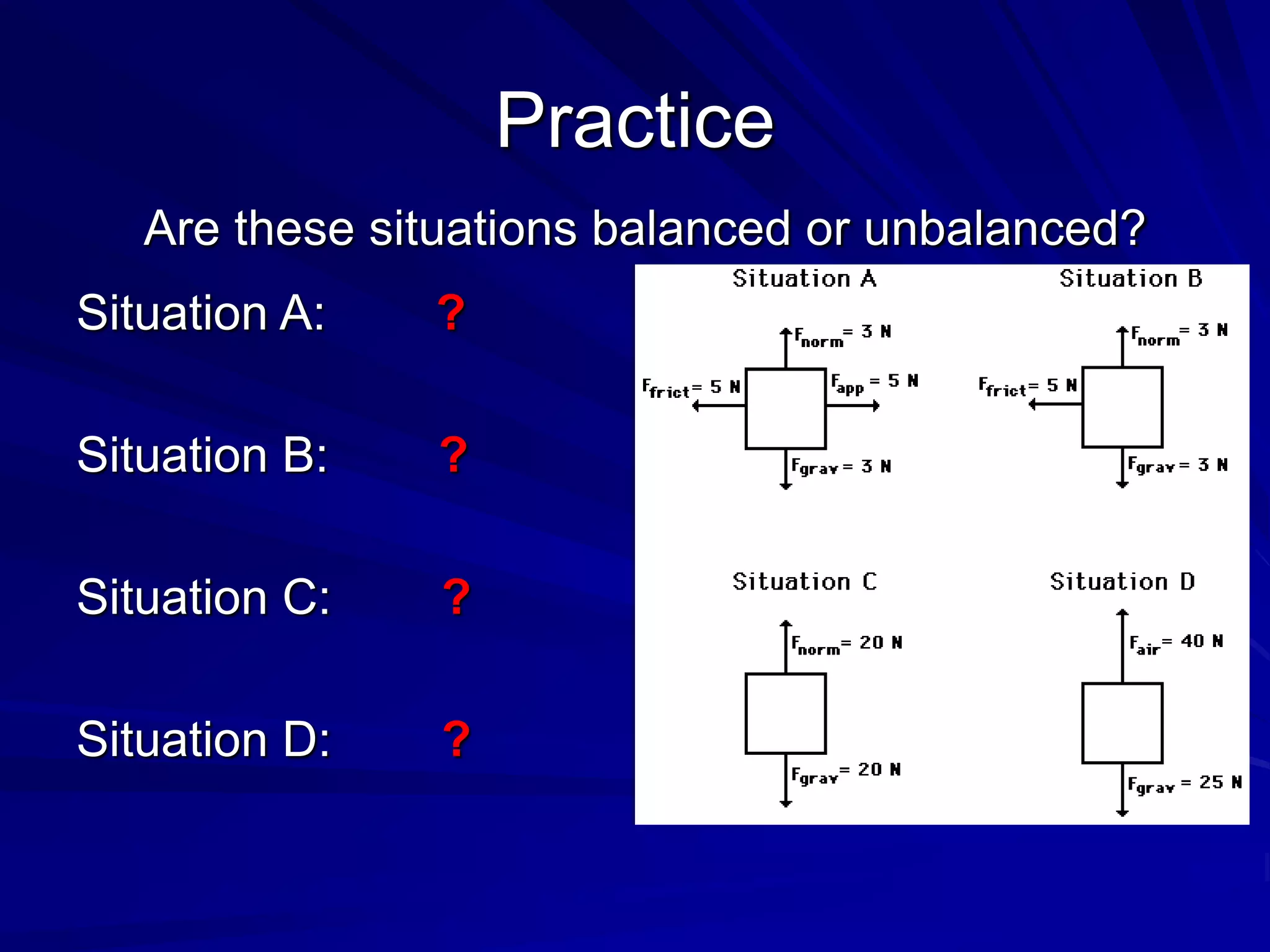 Practice
Are these situations balanced or unbalanced?
Situation A: ?
Situation B: ?
Situation C: ?
Situation D: ?
 