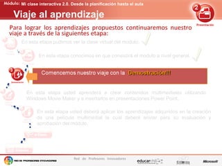 Edición de contenidos audiovisuales para presentaciones
Red de Profesores Innovadores
Mi clase interactiva 2.0. Desde la planificación hasta el aula
Para lograr los aprendizajes propuestos continuaremos nuestro
viaje a través de la siguientes etapa:
Viaje al aprendizaje
En esta etapa conocimos un ejemplo de lo que usted será capaz de realizar
al finalizar el módulo.
En esta etapa usted aprenderá a crear contenidos multimediales utilizando
Windows Movie Maker y a insertarlos en presentaciones Power Point.
En esta etapa usted deberá aplicar los aprendizajes adquiridos en la creación
de una película multimedial la cual deberá enviar para su evaluación y
aprobación del módulo.
En esta etapa pudimos ver la clase virtual del modulo.
En esta etapa conocimos en que consistirá el modulo a nivel general.
 