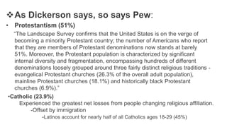 As Dickerson says, so says Pew:
• Protestantism (51%)
“The Landscape Survey confirms that the United States is on the verge of
becoming a minority Protestant country; the number of Americans who report
that they are members of Protestant denominations now stands at barely
51%. Moreover, the Protestant population is characterized by significant
internal diversity and fragmentation, encompassing hundreds of different
denominations loosely grouped around three fairly distinct religious traditions -
evangelical Protestant churches (26.3% of the overall adult population),
mainline Protestant churches (18.1%) and historically black Protestant
churches (6.9%).”
•Catholic (23.9%)
Experienced the greatest net losses from people changing religious affiliation.
-Offset by immigration
-Latinos account for nearly half of all Catholics ages 18-29 (45%)
 