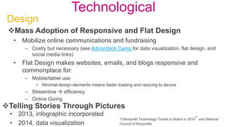 Technological
• Mobilize online communications and fundraising
– Costly but necessary (see Adirondack Camp for data visualization, flat design, and
social media links)
• Flat Design makes websites, emails, and blogs responsive and
commonplace for:
– Mobile/tablet use
• Minimal design elements means faster loading and resizing to device
– Streamline  efficiency
– Online Giving
Mass Adoption of Responsive and Flat Design
Telling Stories Through Pictures
• 2013, infographic incorporated
• 2014, data visualization
Design
“5 Nonprofit Technology Trends to Watch in 2014” and National
Council of Nonprofits
 