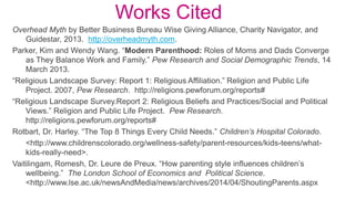 Works Cited
Overhead Myth by Better Business Bureau Wise Giving Alliance, Charity Navigator, and
Guidestar, 2013. http://overheadmyth.com.
Parker, Kim and Wendy Wang. “Modern Parenthood: Roles of Moms and Dads Converge
as They Balance Work and Family.” Pew Research and Social Demographic Trends, 14
March 2013.
“Religious Landscape Survey: Report 1: Religious Affiliation.” Religion and Public Life
Project. 2007, Pew Research. http://religions.pewforum.org/reports#
“Religious Landscape Survey.Report 2: Religious Beliefs and Practices/Social and Political
Views.” Religion and Public Life Project. Pew Research.
http://religions.pewforum.org/reports#
Rotbart, Dr. Harley. “The Top 8 Things Every Child Needs.” Children’s Hospital Colorado.
<http://www.childrenscolorado.org/wellness-safety/parent-resources/kids-teens/what-
kids-really-need>.
Vaitilingam, Romesh, Dr. Leure de Preux. “How parenting style influences children’s
wellbeing.” The London School of Economics and Political Science.
<http://www.lse.ac.uk/newsAndMedia/news/archives/2014/04/ShoutingParents.aspx
 