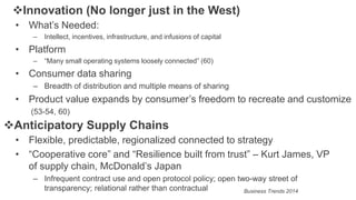 Innovation (No longer just in the West)
• What’s Needed:
– Intellect, incentives, infrastructure, and infusions of capital
• Platform
– “Many small operating systems loosely connected” (60)
• Consumer data sharing
– Breadth of distribution and multiple means of sharing
• Product value expands by consumer’s freedom to recreate and customize
(53-54, 60)
Anticipatory Supply Chains
• Flexible, predictable, regionalized connected to strategy
• “Cooperative core” and “Resilience built from trust” – Kurt James, VP
of supply chain, McDonald’s Japan
– Infrequent contract use and open protocol policy; open two-way street of
transparency; relational rather than contractual Business Trends 2014
 