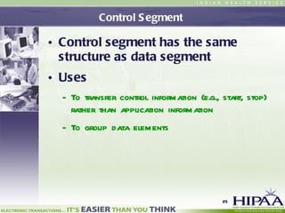 Control Segment  Control segment has the same structure as data segment Uses To transfer control information (e.g., start, stop) rather than application information To group data elements 
