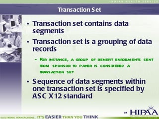 Transaction Set Transaction set contains data segments Transaction set is a grouping of data records For instance, a group of benefit enrollments sent from sponsor to payer is considered a transaction set Sequence of data segments within one transaction set is specified by ASC X12 standard 