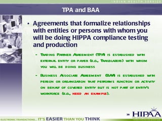 TPA and BAA Agreements that formalize relationships with entities or persons with whom you will be doing HIPPA compliance testing and production Trading Partner Agreement (TPA) is established with external entity or payer (e.g., Trailblazers) with whom you will be doing business Business Associate Agreement  (BAA) is established with person or organization that performs function or activity on behalf of covered entity but is not part of entity’s workforce (e.g.,  need an example ).   
