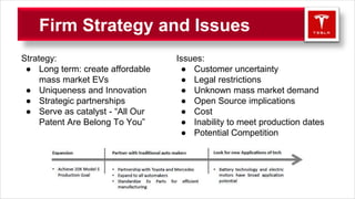 Firm Strategy and Issues
Strategy:
● Long term: create affordable
mass market EVs
● Uniqueness and Innovation
● Strategic partnerships
● Serve as catalyst - “All Our
Patent Are Belong To You”
Issues:
● Customer uncertainty
● Legal restrictions
● Unknown mass market demand
● Open Source implications
● Cost
● Inability to meet production dates
● Potential Competition
 