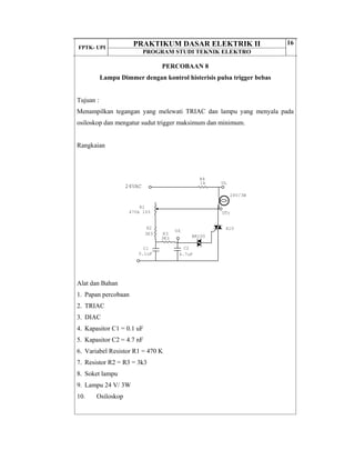 FPTK- UPI
PRAKTIKUM DASAR ELEKTRIK II
PROGRAM STUDI TEKNIK ELEKTRO
16
PERCOBAAN 8
Lampu Dimmer dengan kontrol histerisis pulsa trigger bebas
Tujuan :
Menampilkan tegangan yang melewati TRIAC dan lampu yang menyala pada
osiloskop dan mengatur sudut trigger maksimum dan minimum.
Rangkaian
Alat dan Bahan
1. Papan percobaan
2. TRIAC
3. DIAC
4. Kapasitor C1 = 0.1 uF
5. Kapasitor C2 = 4.7 nF
6. Variabel Resistor R1 = 470 K
7. Resistor R2 = R3 = 3k3
8. Soket lampu
9. Lampu 24 V/ 3W
10. Osiloskop
24VAC
24V/3W
R3
3K3
R2
3K3
R4
1k
R1
470k 10%
BR100
A10
C2
4.7uF
C1
0.1uF
UL
UTr
UZ
 