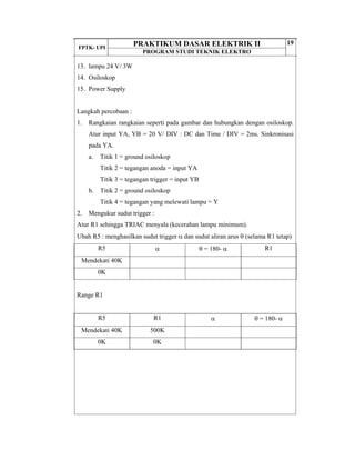 FPTK- UPI
PRAKTIKUM DASAR ELEKTRIK II
PROGRAM STUDI TEKNIK ELEKTRO
19
13. lampu 24 V/ 3W
14. Osiloskop
15. Power Supply
Langkah percobaan :
1. Rangkaian rangkaian seperti pada gambar dan hubungkan dengan osiloskop.
Atur input YA, YB = 20 V/ DIV : DC dan Time / DIV = 2ms. Sinkronisasi
pada YA.
a. Titik 1 = ground osiloskop
Titik 2 = tegangan anoda = input YA
Titik 3 = tegangan trigger = input YB
b. Titik 2 = ground osiloskop
Titik 4 = tegangan yang melewati lampu = Y
2. Mengukur sudut trigger :
Atur R1 sehingga TRIAC menyala (kecerahan lampu minimum).
Ubah R5 : menghasilkan sudut trigger α dan sudut aliran arus θ (selama R1 tetap)
R5 α θ = 180- α R1
Mendekati 40K
0K
Range R1
R5 R1 α θ = 180- α
Mendekati 40K 500K
0K 0K
 