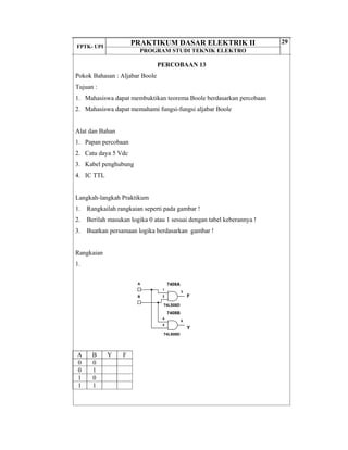 FPTK- UPI
PRAKTIKUM DASAR ELEKTRIK II
PROGRAM STUDI TEKNIK ELEKTRO
29
PERCOBAAN 13
Pokok Bahasan : Aljabar Boole
Tujuan :
1. Mahasiswa dapat membuktikan teorema Boole berdasarkan percobaan
2. Mahasiswa dapat memahami fungsi-fungsi aljabar Boole
Alat dan Bahan
1. Papan percobaan
2. Catu daya 5 Vdc
3. Kabel penghubung
4. IC TTL
Langkah-langkah Praktikum
1. Rangkailah rangkaian seperti pada gambar !
2. Berilah masukan logika 0 atau 1 sesuai dengan tabel keberannya !
3. Buatkan persamaan logika berdasarkan gambar !
Rangkaian
1.
A B Y F
0 0
0 1
1 0
1 1
7408A
74LS08D
1
2
3
7408B
74LS08D
4
5
6
A
B F
Y
 