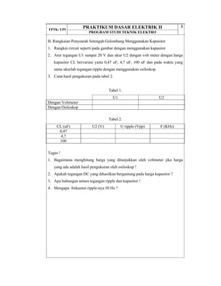 FPTK- UPI
PRAKTIKUM DASAR ELEKTRIK II
PROGRAM STUDI TEKNIK ELEKTRO
3
B. Rangkaian Penyearah Setengah Gelombang Menggunakan Kapasitor
1. Rangkai circuit seperti pada gambar dengan menggunakan kapasitor
2. Atur tegangan U1 sampai 20 V dan ukur U2 dengan volt meter dengan harga
kapasitor CL bervariasi yaitu 0,47 uF, 4,7 uF, 100 uF dan pada waktu yang
sama ukurlah tegangan ripple dengan menggunakan osiloskop.
3. Catat hasil pengukuran pada tabel 2.
Tabel 1.
U1 U2
Dengan Voltmeter
Dengan Osiloskop
Tabel 2.
CL (uF) U2 (V) U ripple (Vpp) F (KHz)
0,47
4,7
100
Tugas !
1. Bagaimana menghitung harga yang ditunjukkan oleh voltmeter jika harga
yang ada adalah hasil pengukuran oleh osiloskop !
2. Apakah tegangan DC yang dihasilkan bergantung pada harga kapasitor ?
3. Apa hubungan antara tegangan ripple dan kapasitor !
4. Mengapa frekuensi ripple-nya 50 Hz ?
 