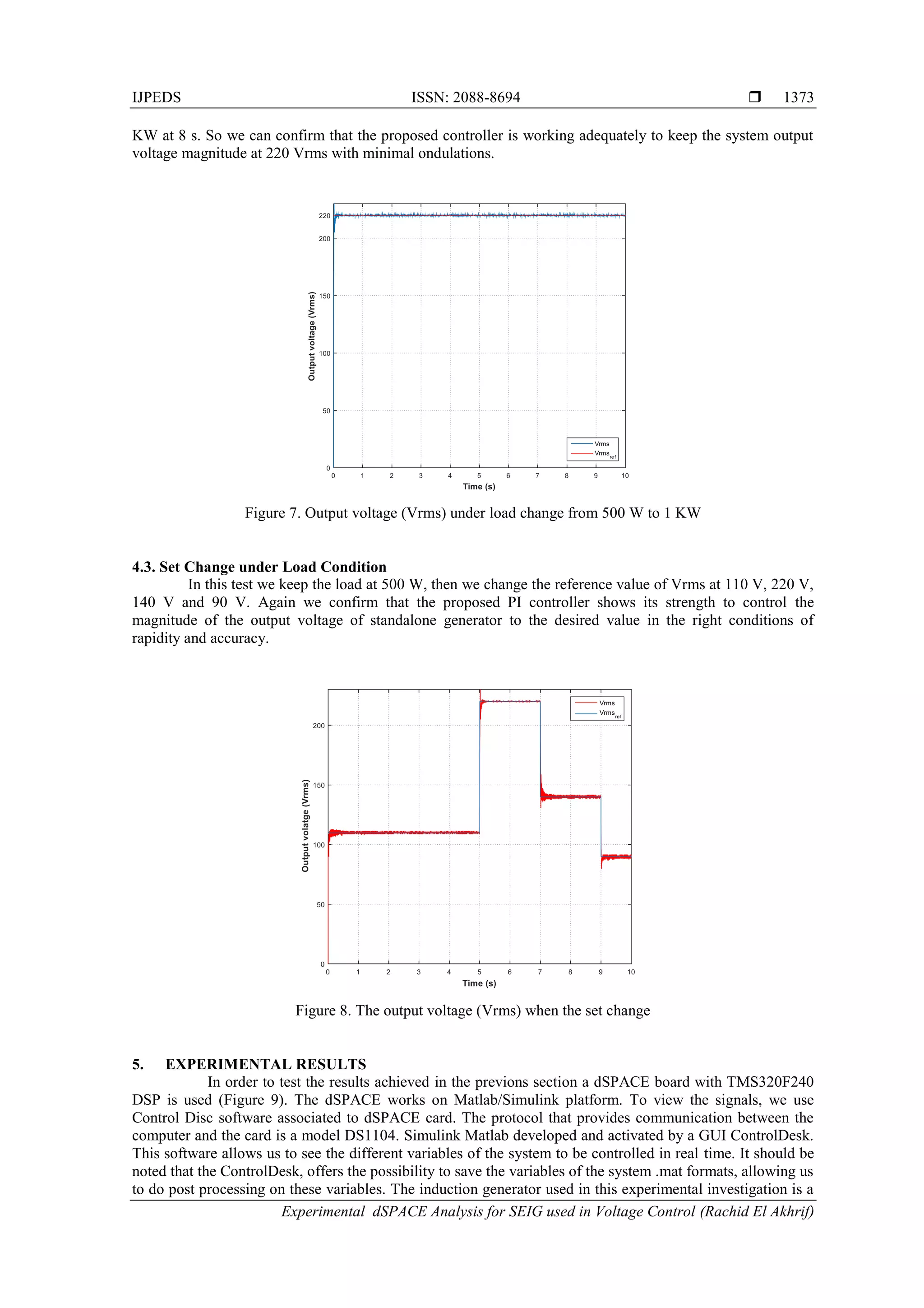 IJPEDS ISSN: 2088-8694 
Experimental dSPACE Analysis for SEIG used in Voltage Control (Rachid El Akhrif)
1373
KW at 8 s. So we can confirm that the proposed controller is working adequately to keep the system output
voltage magnitude at 220 Vrms with minimal ondulations.
Figure 7. Output voltage (Vrms) under load change from 500 W to 1 KW
4.3. Set Change under Load Condition
In this test we keep the load at 500 W, then we change the reference value of Vrms at 110 V, 220 V,
140 V and 90 V. Again we confirm that the proposed PI controller shows its strength to control the
magnitude of the output voltage of standalone generator to the desired value in the right conditions of
rapidity and accuracy.
Figure 8. The output voltage (Vrms) when the set change
5. EXPERIMENTAL RESULTS
In order to test the results achieved in the previons section a dSPACE board with TMS320F240
DSP is used (Figure 9). The dSPACE works on Matlab/Simulink platform. To view the signals, we use
Control Disc software associated to dSPACE card. The protocol that provides communication between the
computer and the card is a model DS1104. Simulink Matlab developed and activated by a GUI ControlDesk.
This software allows us to see the different variables of the system to be controlled in real time. It should be
noted that the ControlDesk, offers the possibility to save the variables of the system .mat formats, allowing us
to do post processing on these variables. The induction generator used in this experimental investigation is a
 